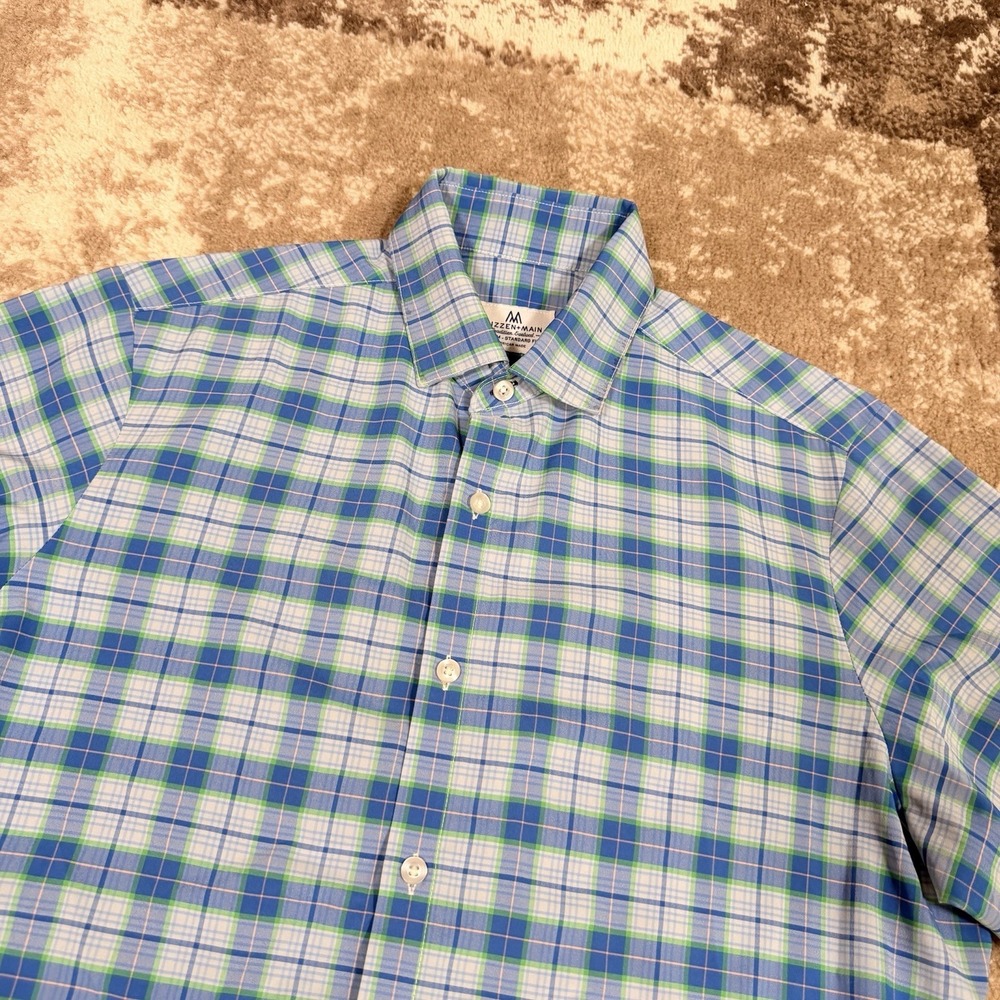 MIZZEN+MAIN Shirt Mens Medium Blue Green Plaid Button-Up Long Sleeve‎ Casual